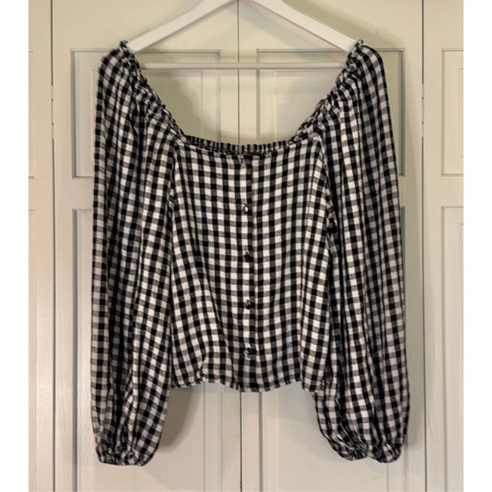 Who What Wear black linen gingham puff sleeve cropped blouse  large - Picture 4 of 10